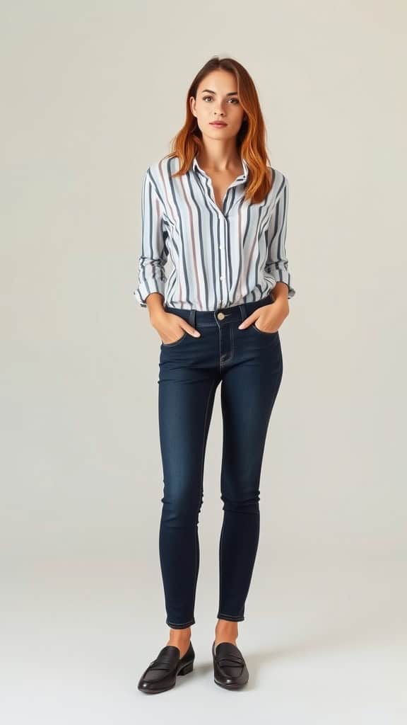 A mannequin dressed in a dark striped shirt, dark jeans, and loafers, surrounded by indoor plants.