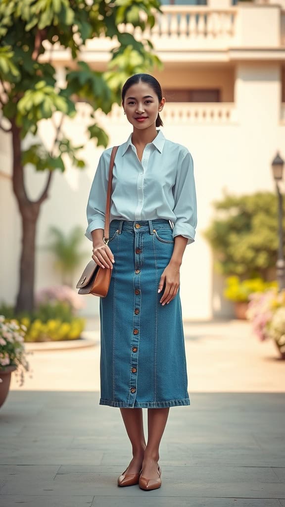 A young woman wearing a midi denim skirt and a tucked-in white blouse, standing outdoors with a stylish handbag.