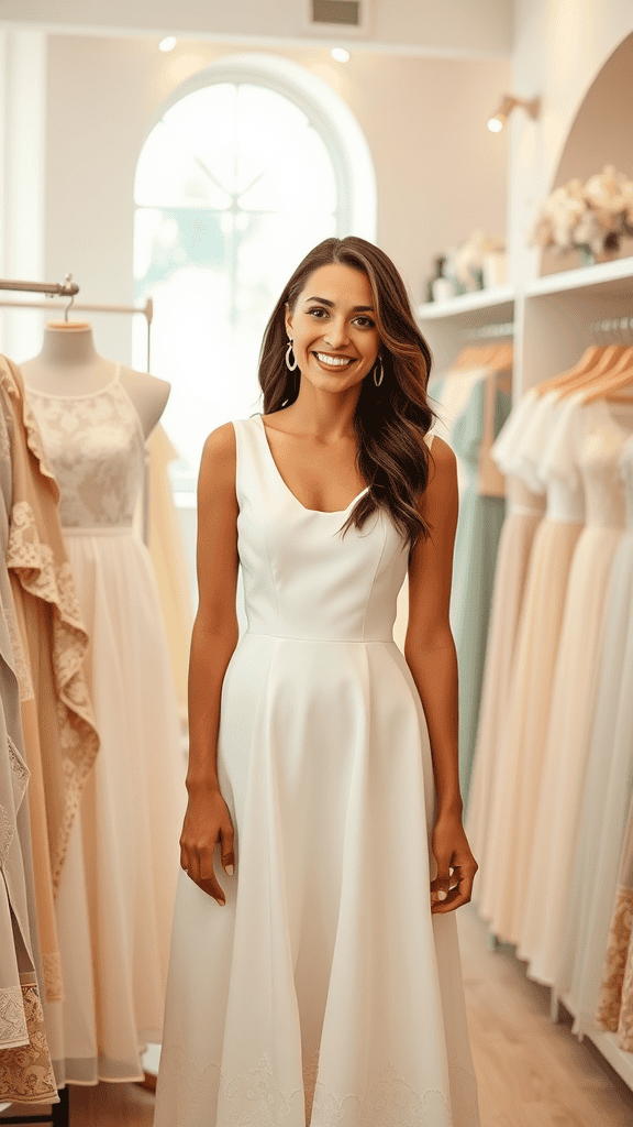 A classic fit-and-flare church dress displayed on a mannequin, showcasing its elegant design.