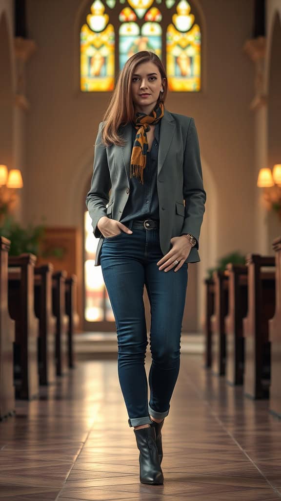 A woman wearing a blazer and jeans in a church setting, showcasing a polished casual look.