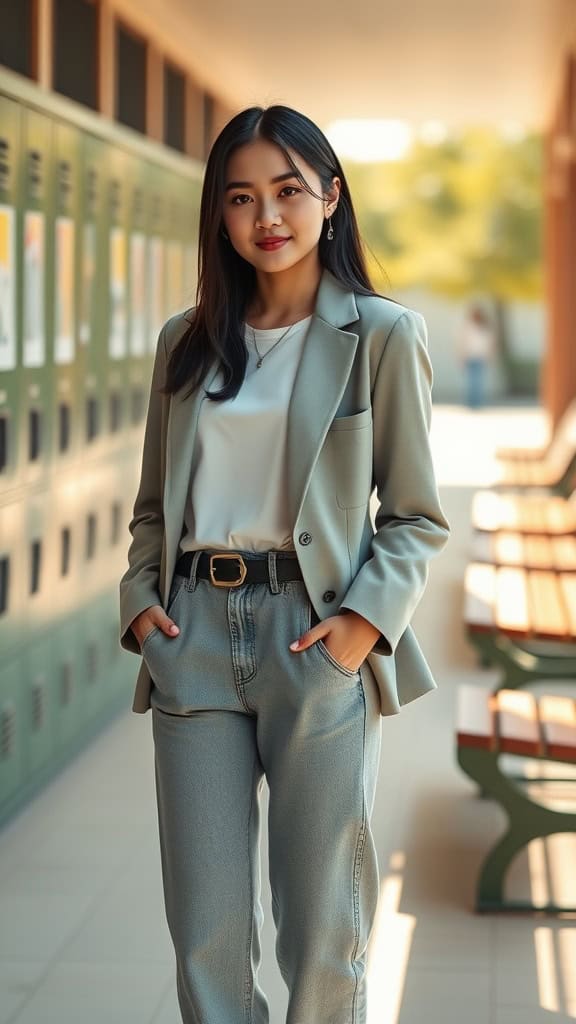 A young woman in a fitted blazer with a white top and straight jeans, standing in a school hallway.