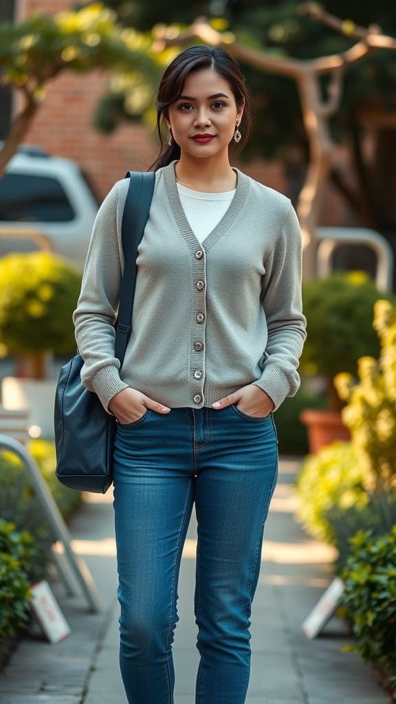 A young woman in a light cardigan and fitted jeans, standing confidently outdoors.