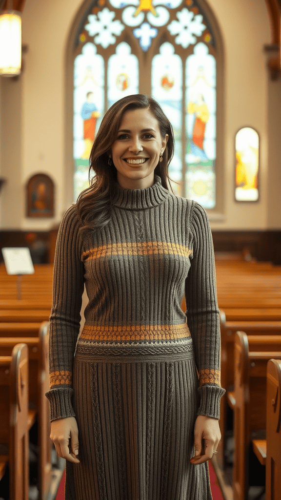 A classic knit church dress displayed on a mannequin in a church setting, showcasing a warm, ribbed design and stylish details.