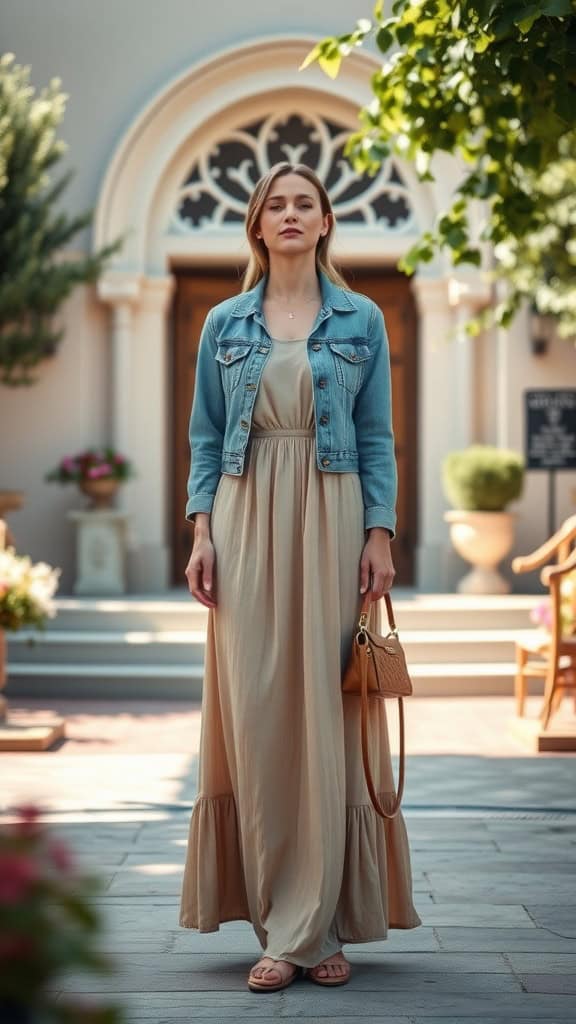 A woman wearing a beige maxi dress and denim jacket, standing outside a building with decorative architecture.