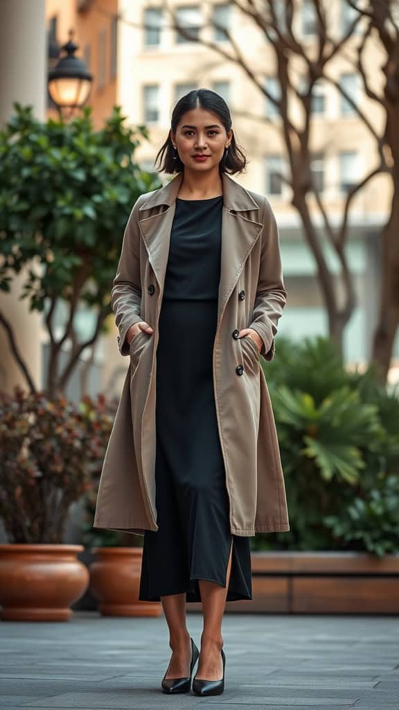 A woman wearing a black midi dress, beige trench coat, and black pumps, standing outdoors.