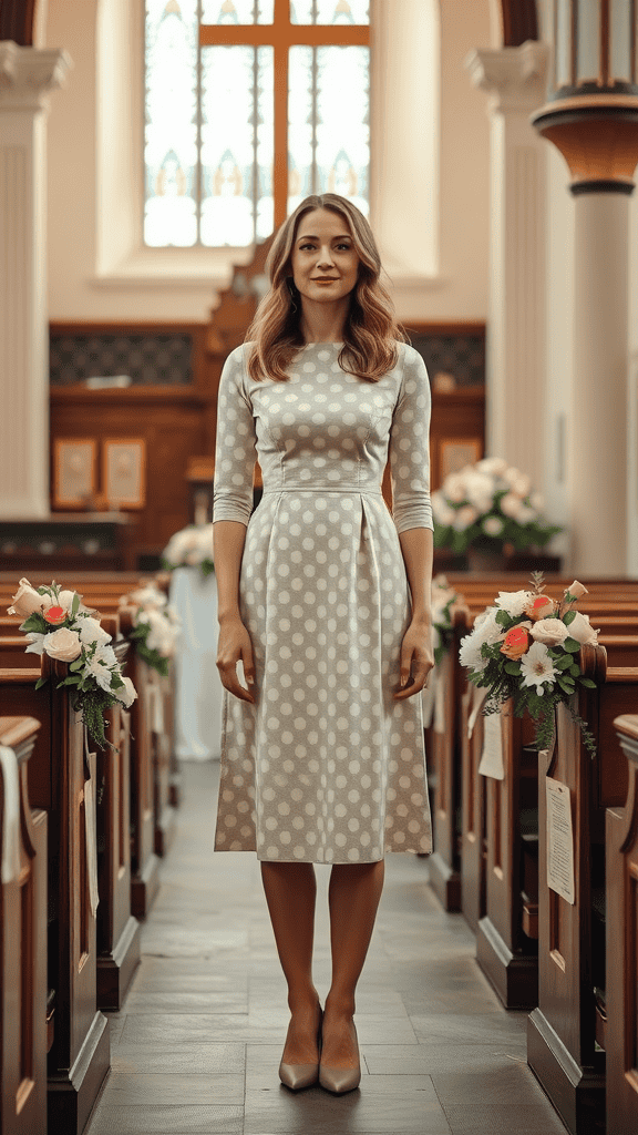 A modest polka dot dress displayed on a mannequin in a church setting, paired with neutral shoes.