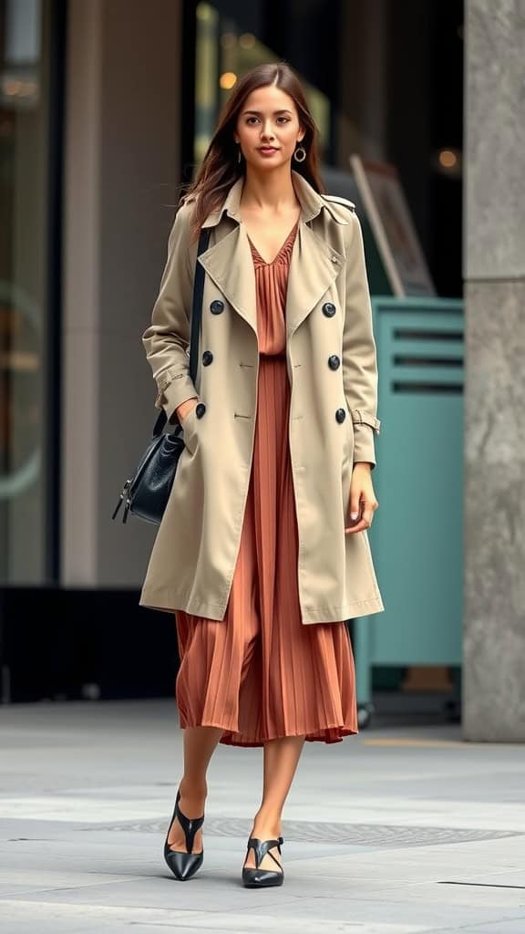 A mannequin displaying a classic trench coat paired with a pleated dress, showcasing a sophisticated modest outfit.