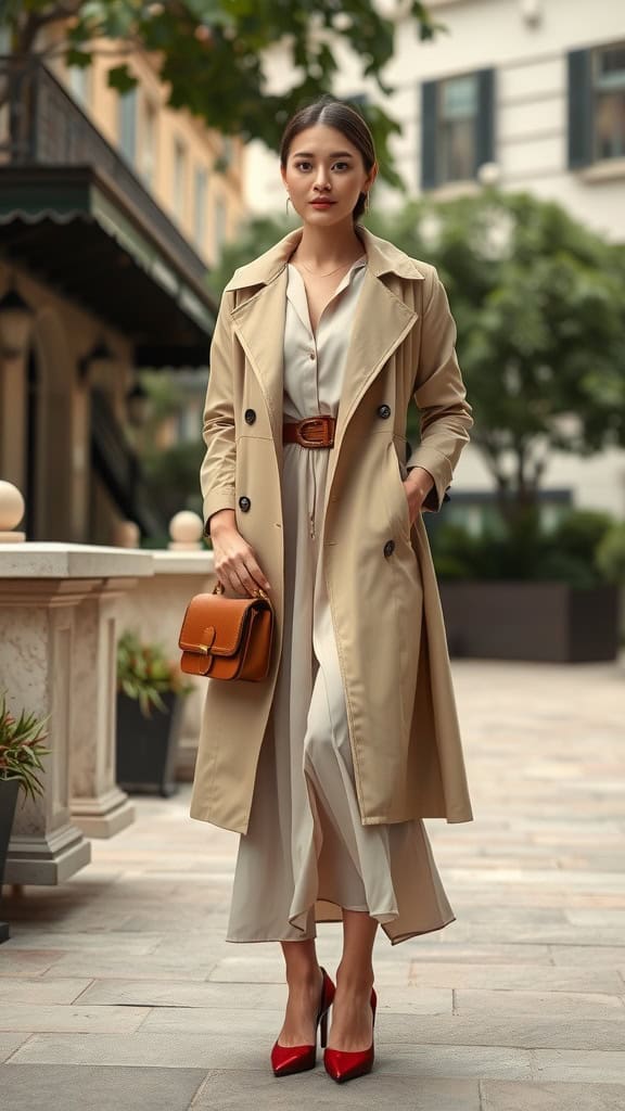 A woman wearing a beige trench coat over a midi dress, accessorized with red heels and a stylish handbag, standing in an outdoor setting.