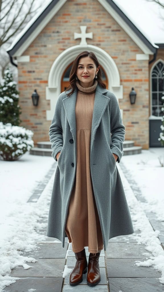 A woman in a wool coat and midi dress standing in front of a church during winter.