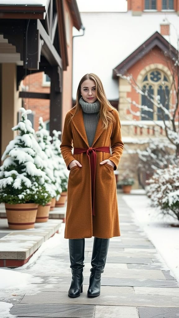 A woman in a cozy wool dress and knee-high boots, standing outside a church in winter.