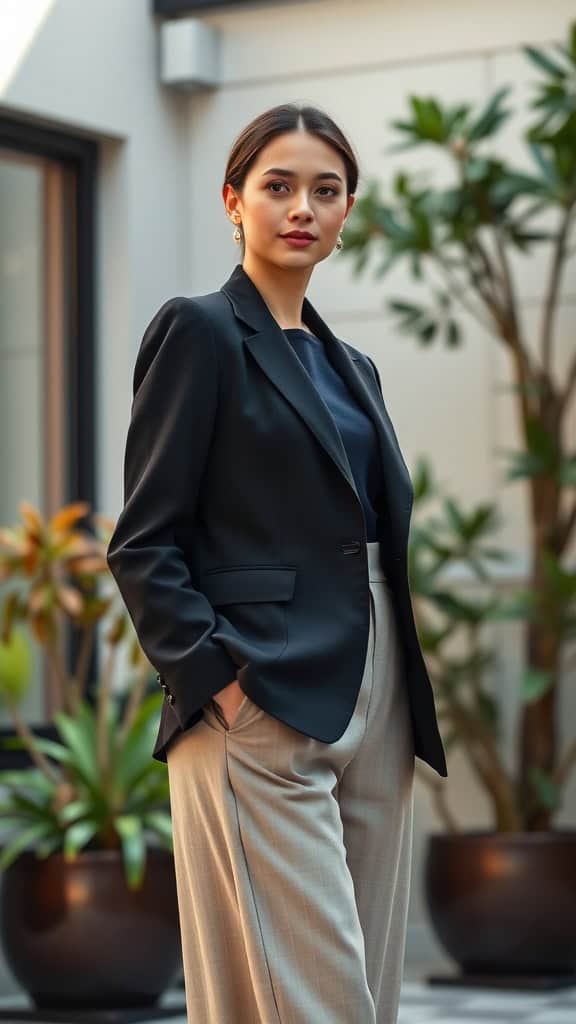 A woman in a black blazer and tailored trousers standing outdoors.