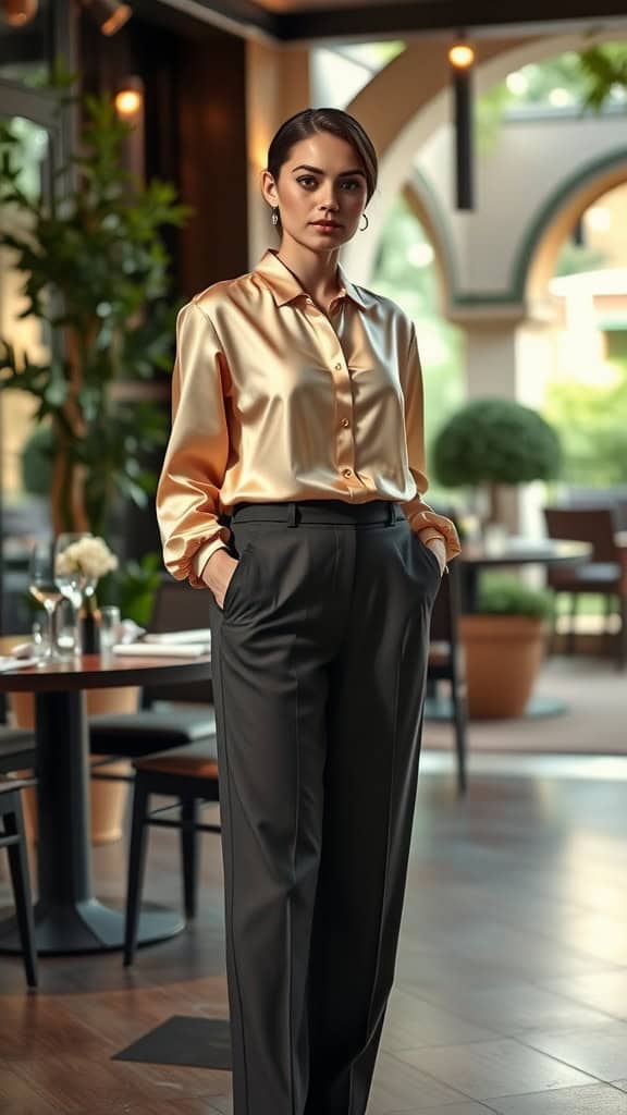 A woman wearing a silk blouse and tailored trousers, styled for a classy dinner outfit.