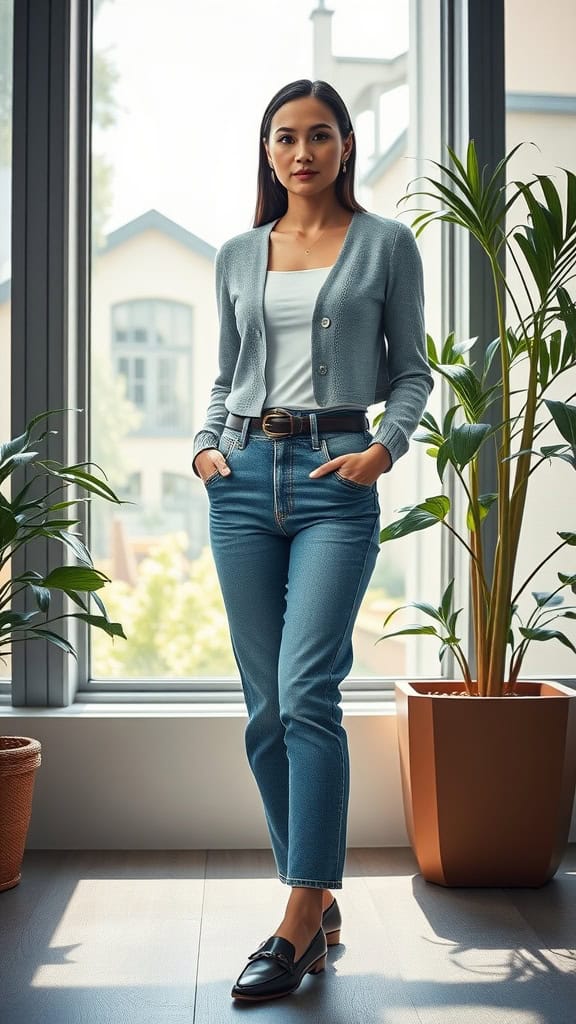 A woman in a cropped cardigan and high-waisted jeans, standing in a bright room with plants.