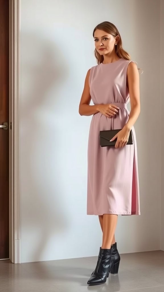 A mannequin displaying a classy modest A-line dress, ankle boots, and a clutch bag in a stylish setting.