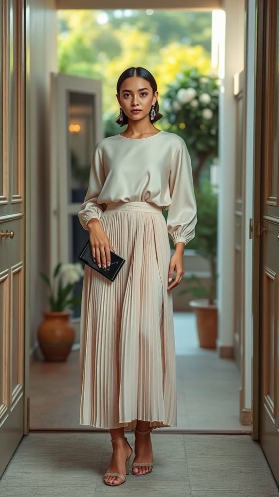 A woman wearing a satin blouse and pleated skirt, standing elegantly with a clutch.