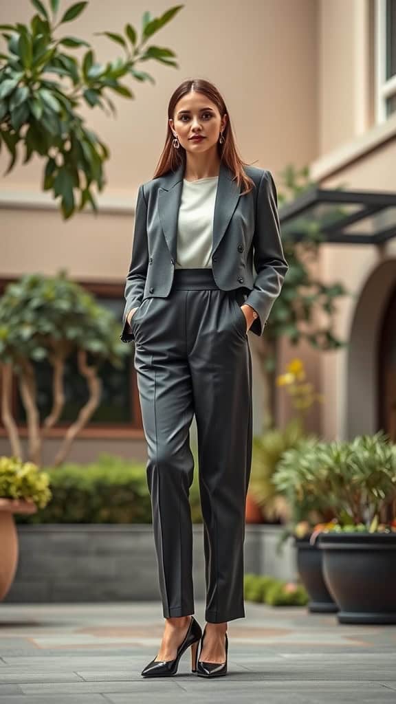 A woman in a stylish outfit featuring high-waisted pants, a cropped jacket, and block heels, standing elegantly in a garden setting.