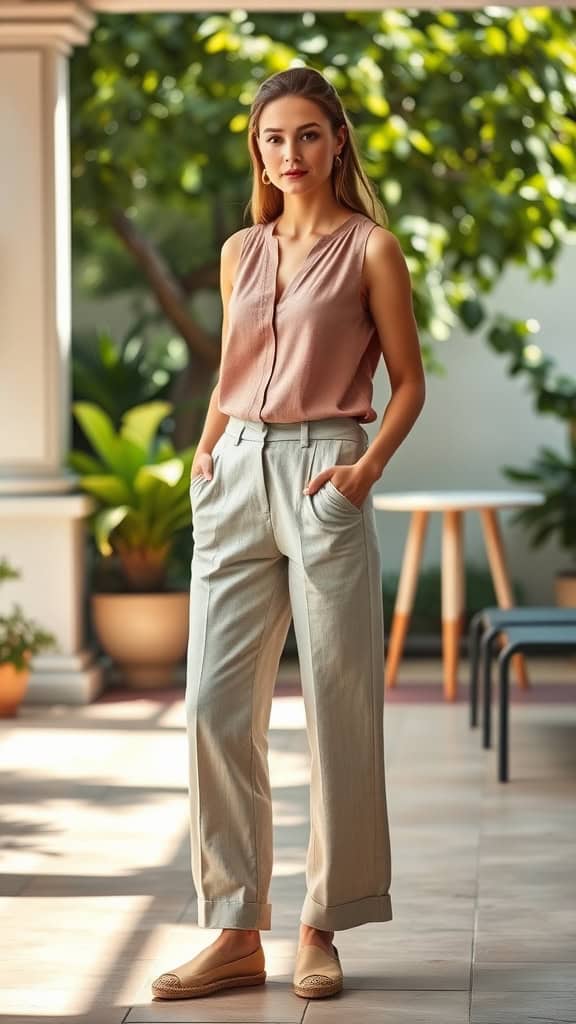 A model showcasing a classy modest outfit featuring linen trousers and a sleeveless blouse in a summer setting.