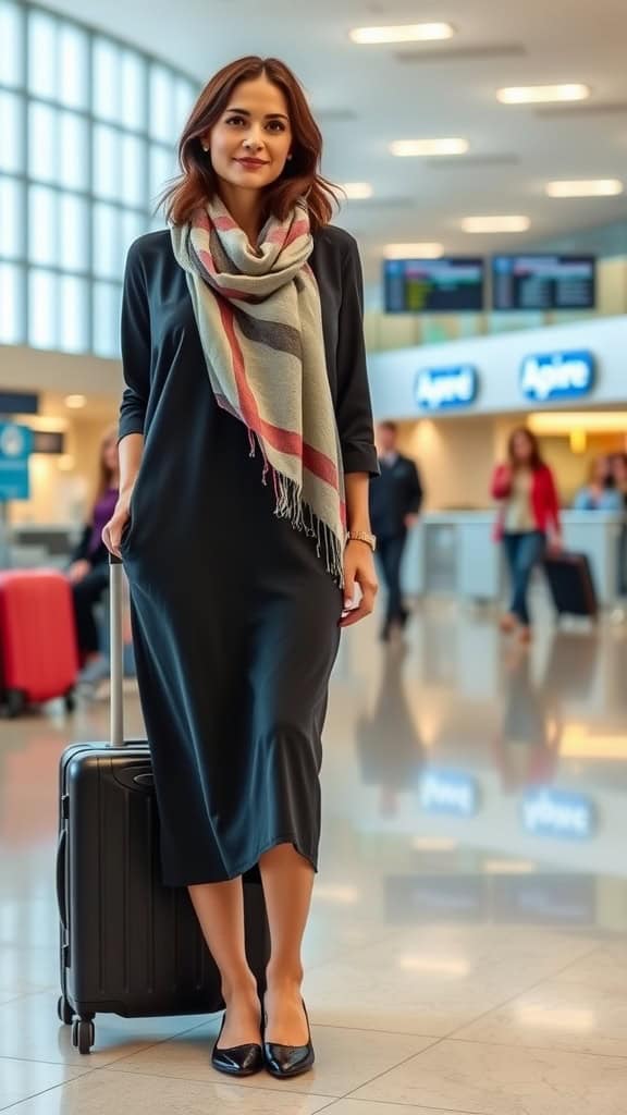 A woman in a midi dress with a lightweight scarf and comfortable flats, standing next to her luggage in a stylish setting.