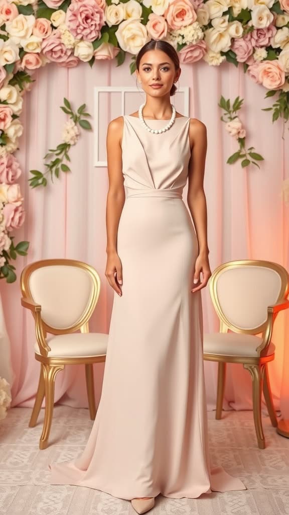 A classy modest outfit for weddings featuring a maxi dress, pearl necklace, and kitten heels.