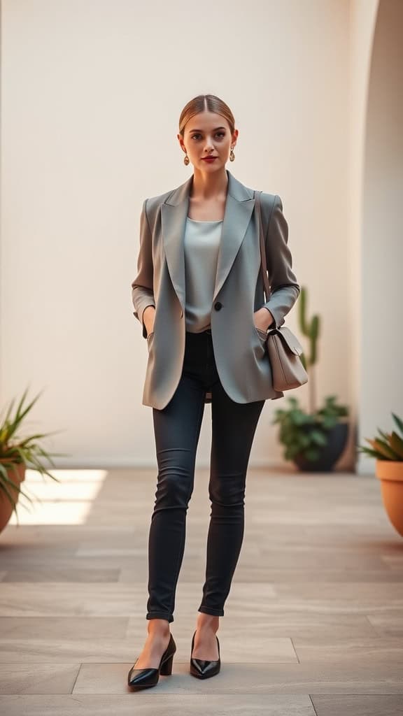 A woman wearing dark skinny jeans, an oversized blazer, and flats, standing in a modern setting.