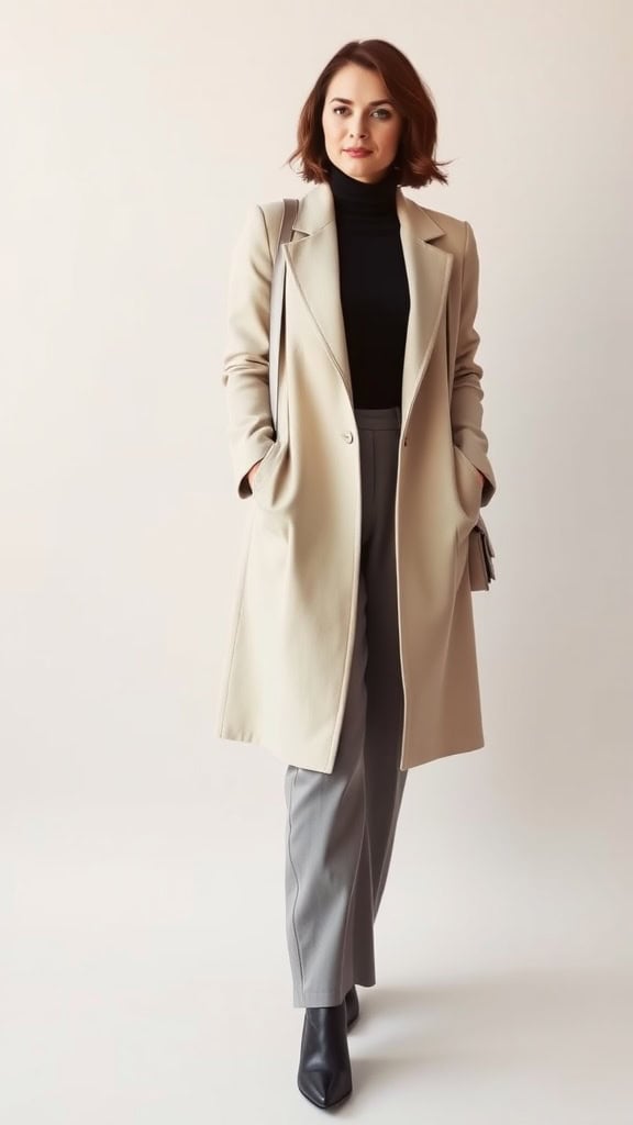 A mannequin displaying a classy modest outfit consisting of a duster coat, turtleneck sweater, and culottes.