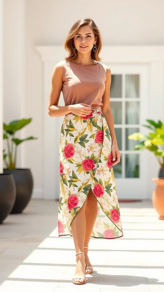 A mannequin displaying a floral wrap skirt paired with a solid top and simple sandals, set in a stylish retail environment.