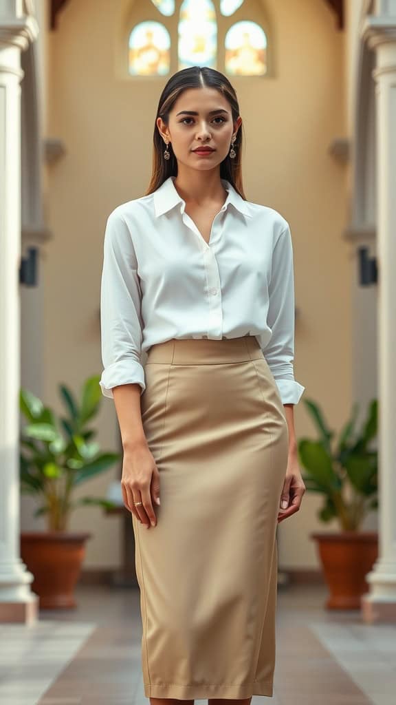 A woman wearing a high-waist pencil skirt and a tucked-in white blouse, standing in a church setting.