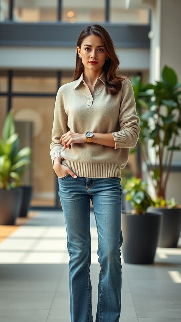 A woman wearing a collared sweater and straight-leg jeans, standing confidently in a modern office space.