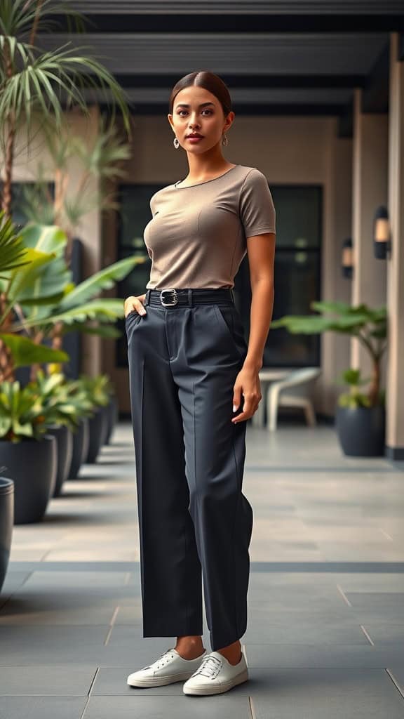 A woman in a fitted top, culottes, and slip-on sneakers standing in a stylish outdoor setting