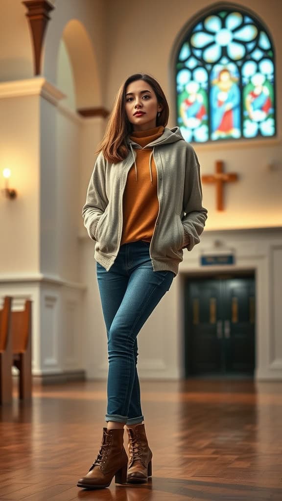 A woman wearing a hoodie and jeans standing in a church with stained glass windows.