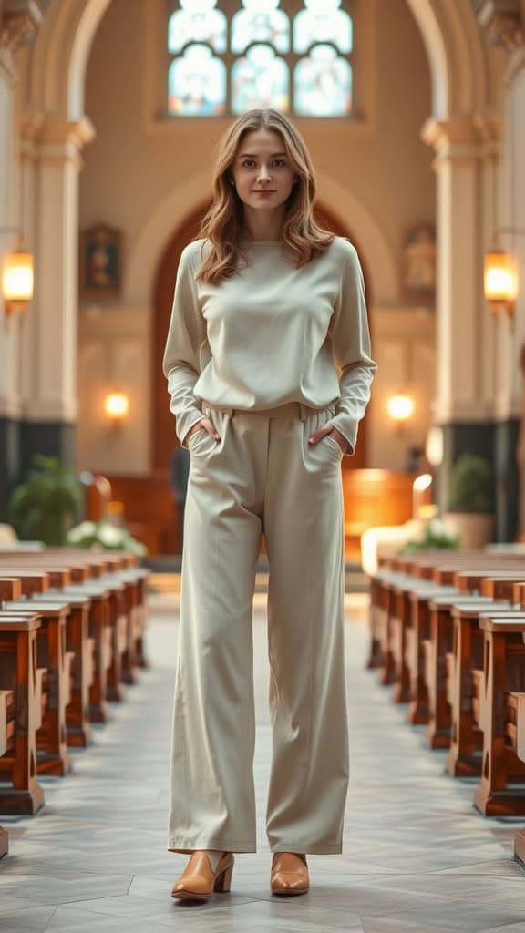 A young woman in a church wearing soft palazzo pants and a fitted blouse, standing confidently in a serene setting.