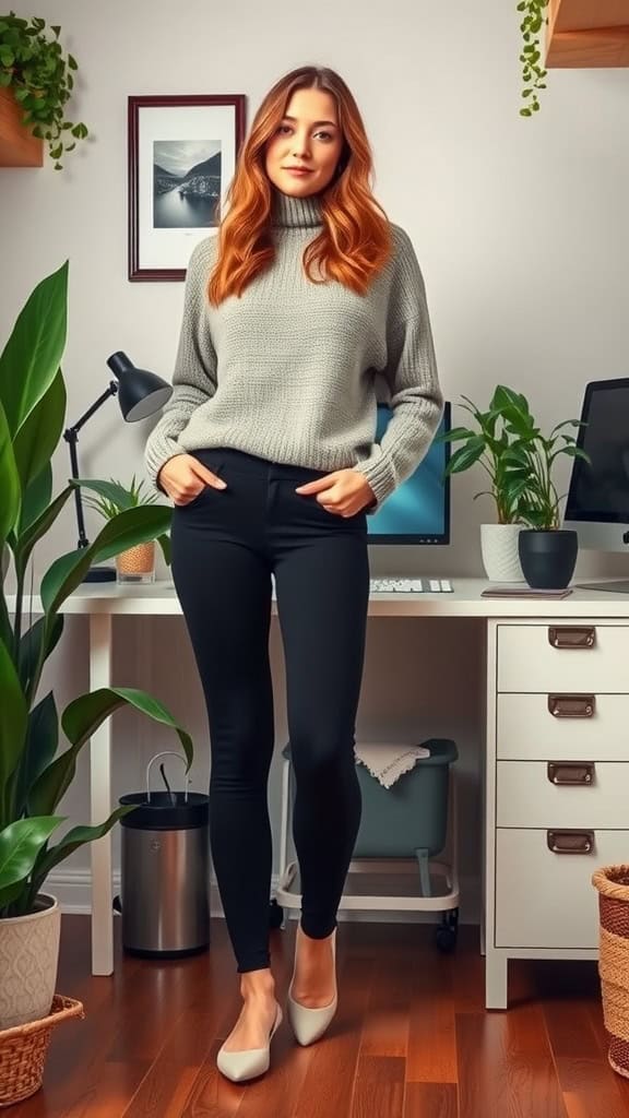 A woman in a cozy knitted sweater and fitted leggings, standing in a home office with plants and a desk.