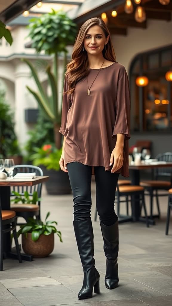 A woman wearing a brown tunic top, black leggings, and knee-high black boots, walking in a stylish cafe.