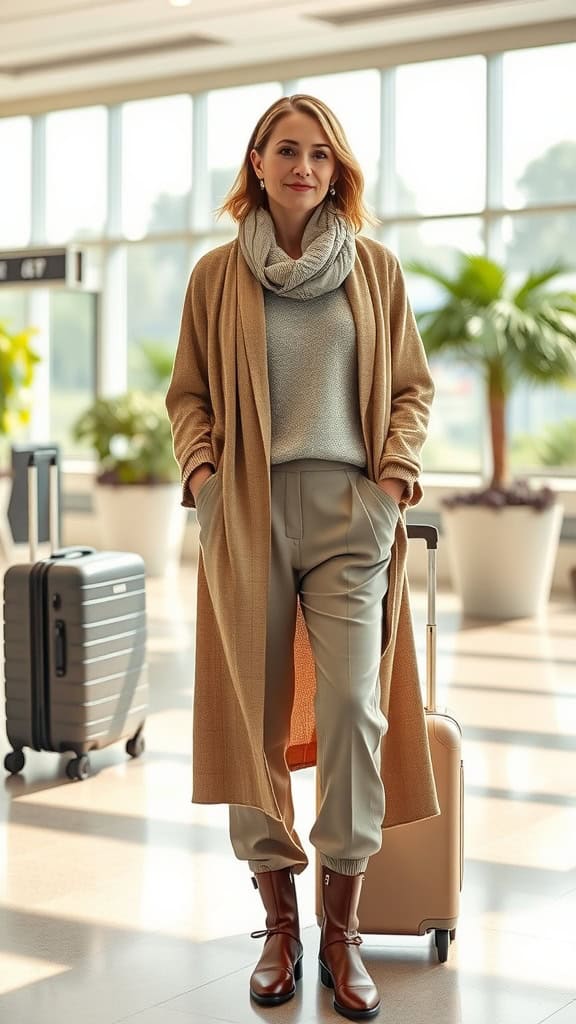 A woman in a long cardigan sweater, joggers, and a scarf standing at an airport with luggage.