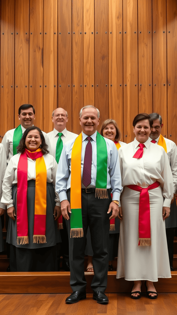 A choir in matching black outfits with colorful scarves, standing in front of a wooden backdrop with a cross.