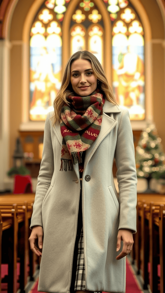 A beige winter coat with a plaid scarf displayed in a church setting, showcasing a coordinated outfit for winter worship.