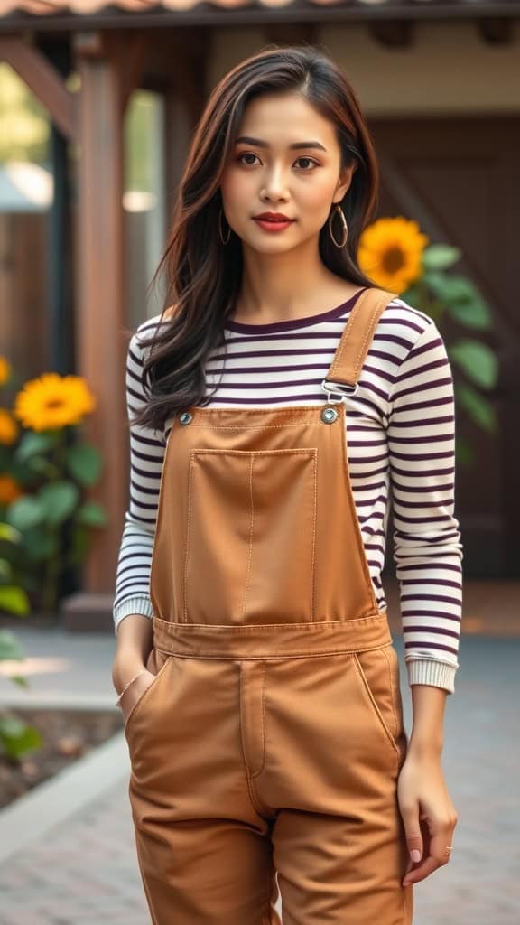 A person wearing brown corduroy overalls and a striped long-sleeve tee, standing outdoors with sunflowers in the background.