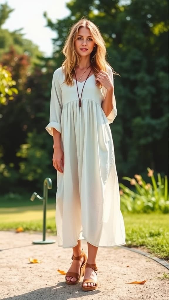 A woman wearing a light cotton smock dress and leather sandals, standing in a garden setting.