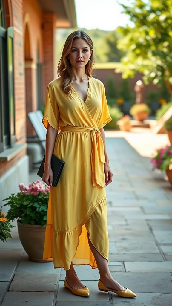 A woman in a yellow cotton wrap dress and ballet flats standing outside, showcasing a casual yet stylish summer look.