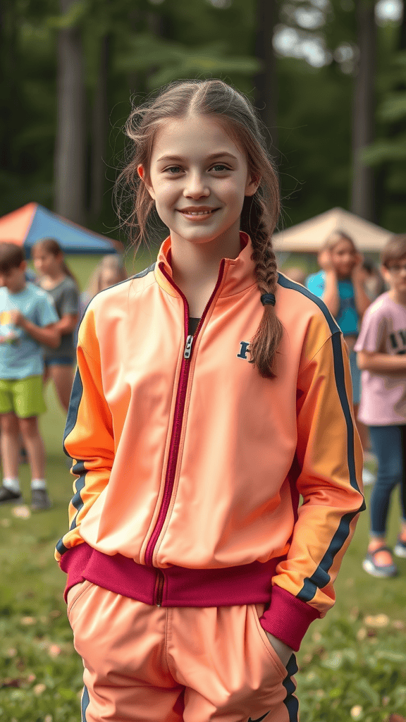 A girl in a matching track suit with a hoodie and pants featuring bold colors and Christian quotes, standing in a camp setting.