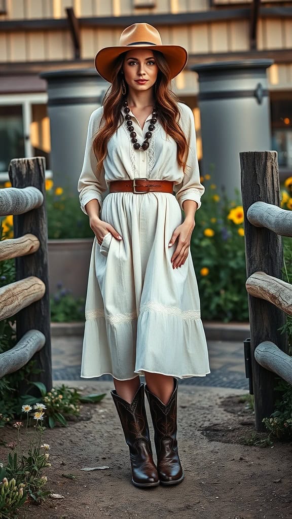 A woman wearing a white A-line dress and cowboy boots, posing outdoors with flowers and a wooden fence in the background.