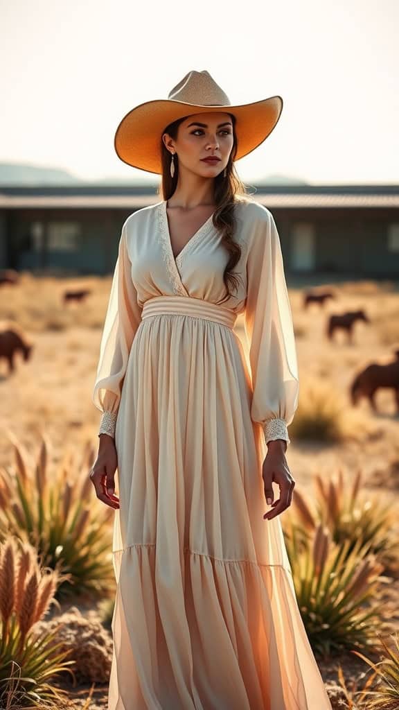 A woman in a flowing maxi dress and cowboy hat in a rustic outdoor setting