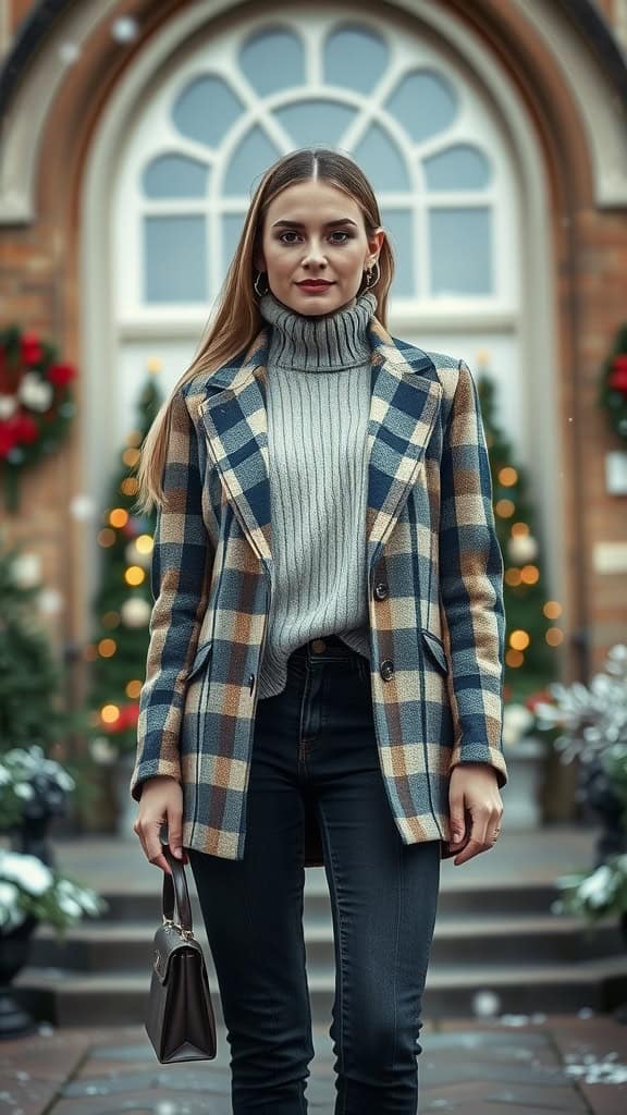 A woman wearing a plaid blazer over a knit top with dark jeans, standing outdoors in a winter setting.