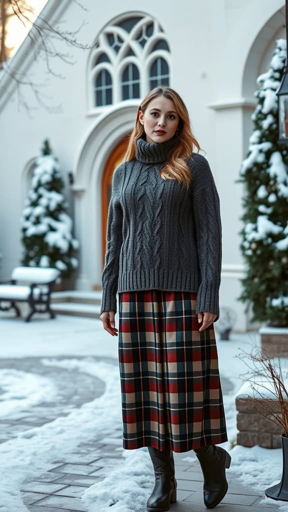 A woman wearing a cozy cable-knit sweater and plaid midi skirt, standing in front of a snowy church.