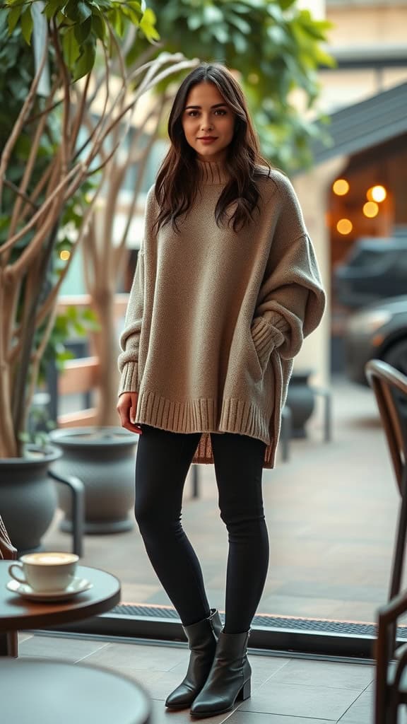 A woman wearing a cozy oversized sweater and black leggings standing in a coffee shop.