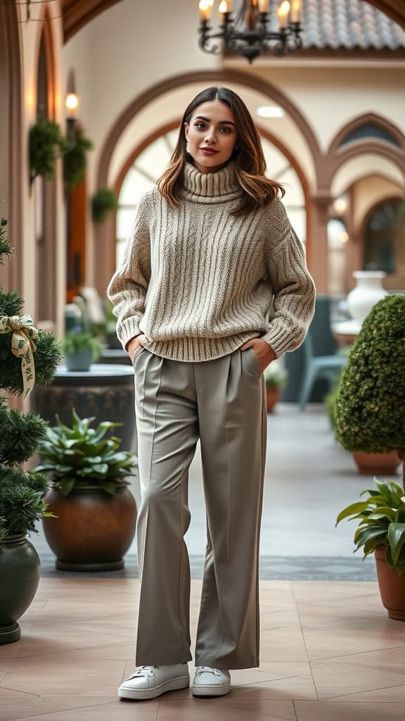 Cozy modest outfit featuring a chunky knit sweater, wide-leg trousers, and sneakers in a stylish indoor setting