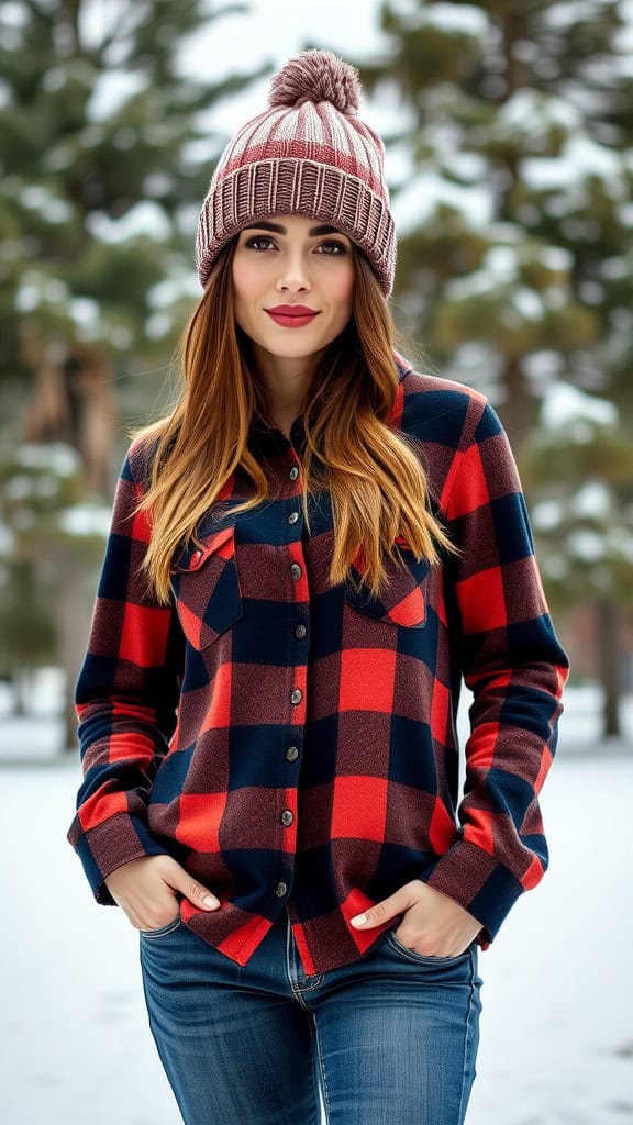 A woman wearing a flannel shirt, knit beanie, and cuffed jeans in a winter setting