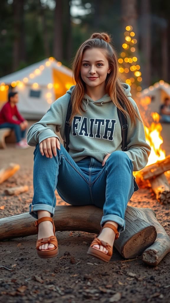 A girl sitting on a log wearing a faith-themed hoodie and comfy jeans at a campfire.