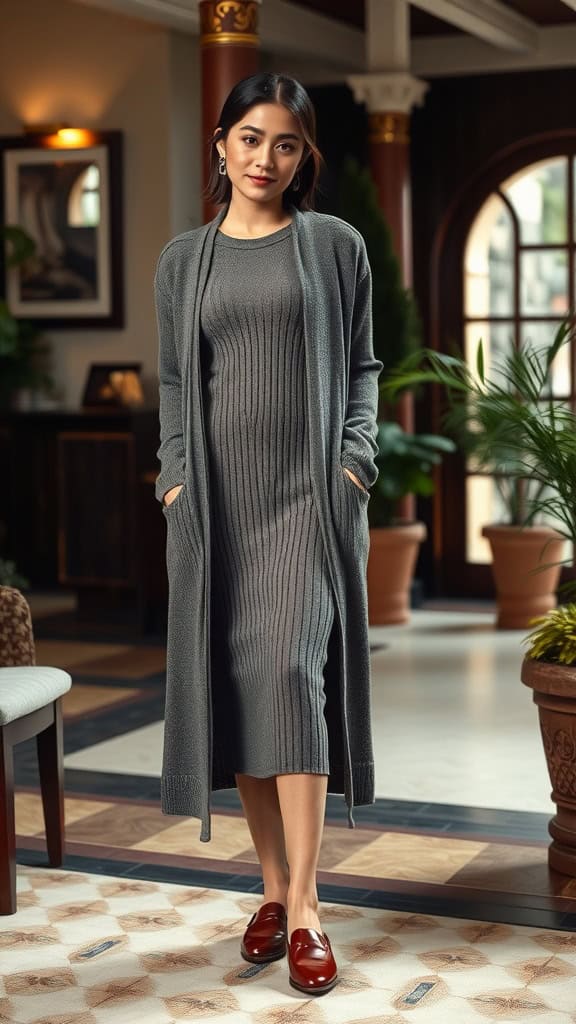 A woman wearing a cozy knit dress with a long cardigan and loafers, standing in an elegant indoor setting.