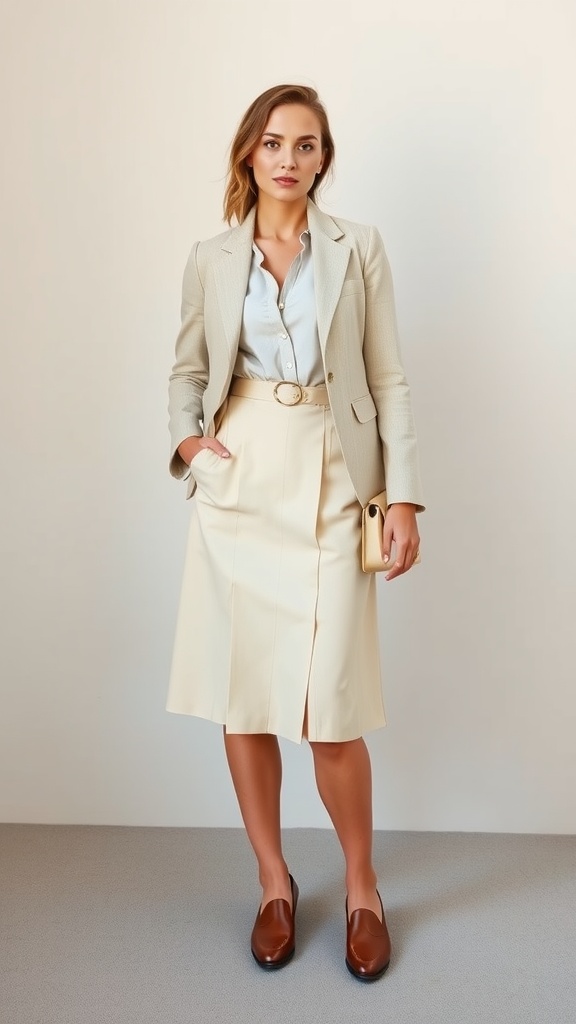 Cream and tan preppy modest outfit displayed on a mannequin with structured pieces, including a blazer, skirt, white shirt, green tie, brown handbag, and loafers.